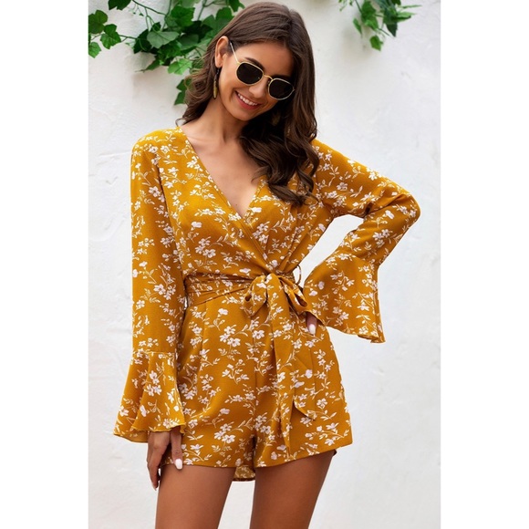 Pants - 3/$40🎉 Mustard Yellow V-Neck Wrap Floral Romper